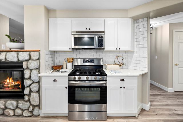 a view of a dining room with furniture