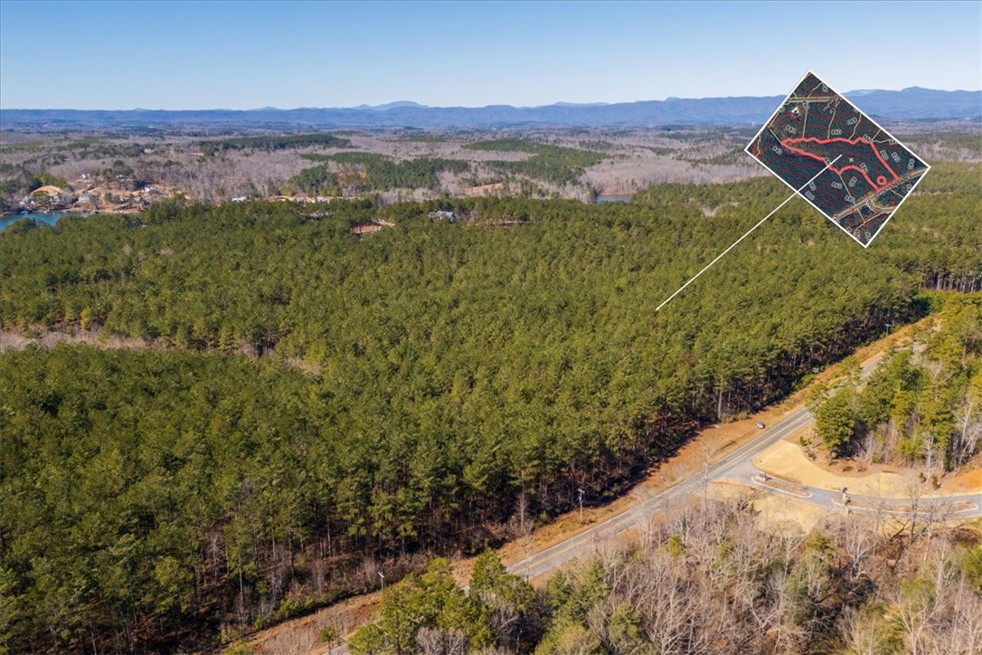 This elevated view captures a serene landscape with lush greenery, clear skies, and distant mountains.