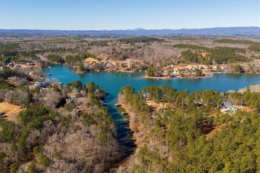 Lot 68 Nimmons Bridge Road Salem, SC 29676 - Photo 18 of 18 This aerial view showcases a vibrant lake surrounded by lush woodlands and scattered homes.