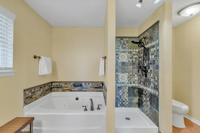 a bathroom with a bathtub and a shower