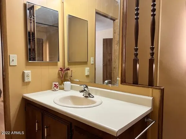 a bathroom with a sink and a mirror