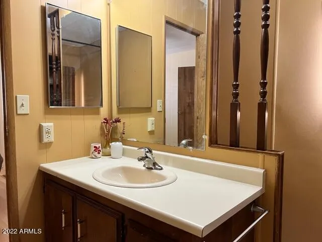 a bathroom with a sink and a mirror
