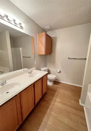 a bathroom with a double vanity sink toilet and mirror