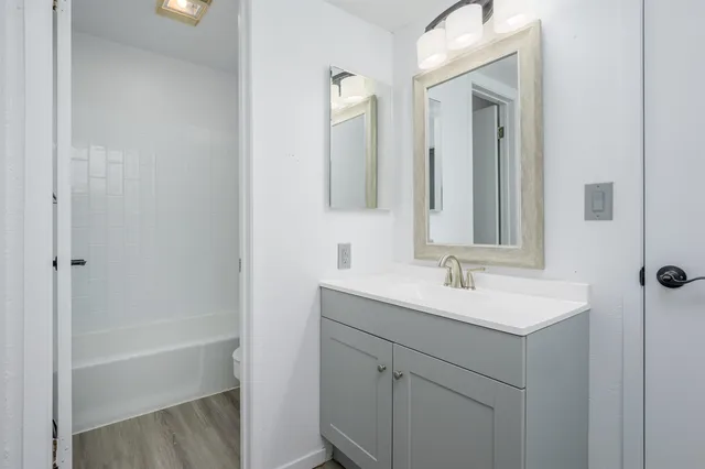 a bathroom with a bathtub sink vanity and mirror