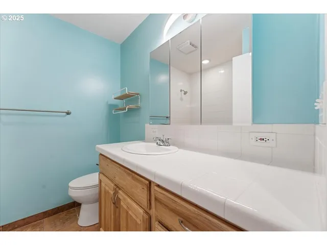 a bathroom with a sink a toilet and mirror