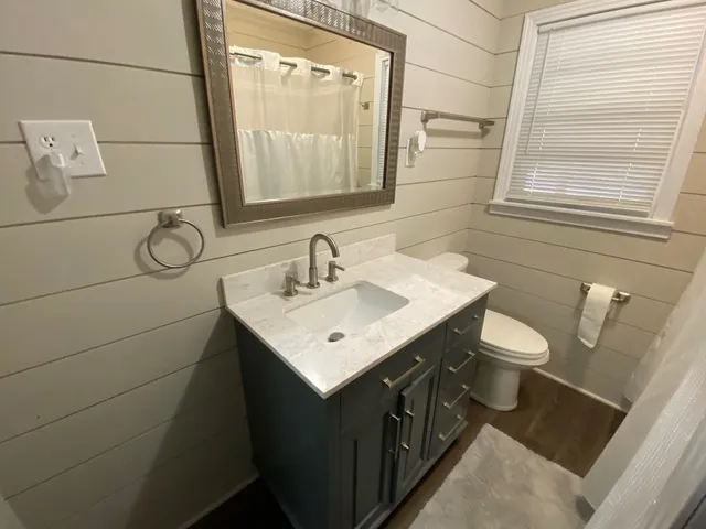 a bathroom with a sink toilet and mirror