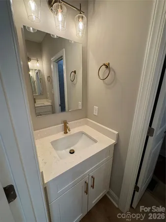 a bathroom with a sink a light fixture and a mirror