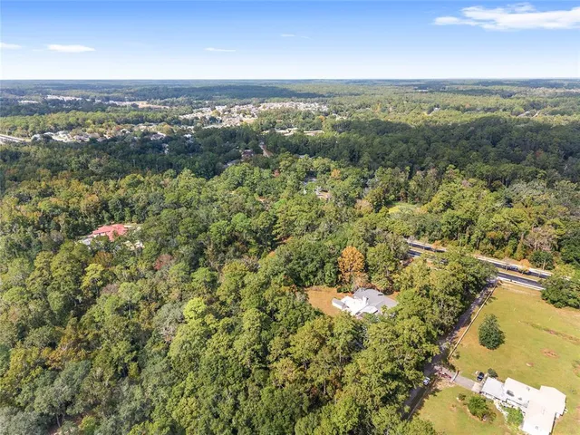 a view of a city with lush green forest