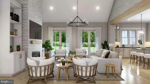 a dining room with wooden floor a chandelier a glass table and chairs
