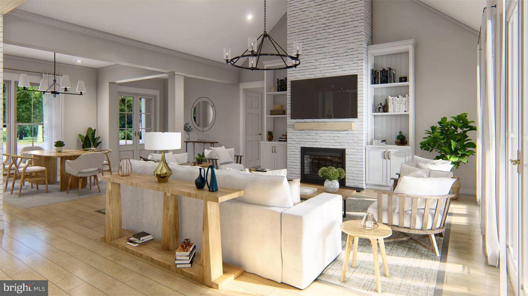 Cabin Branch Marshall, VA 20115 - Photo 6 of 12 a living room with fireplace a chandelier and a flat screen tv