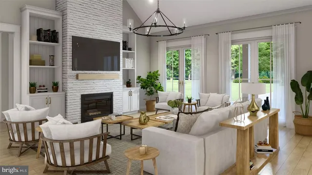 a living room with furniture a flat screen tv and a fireplace