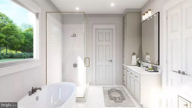 a bathroom with a tub sink and mirror