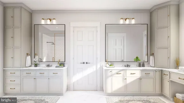 a bathroom with a sink vanity granite tub shower and a mirror