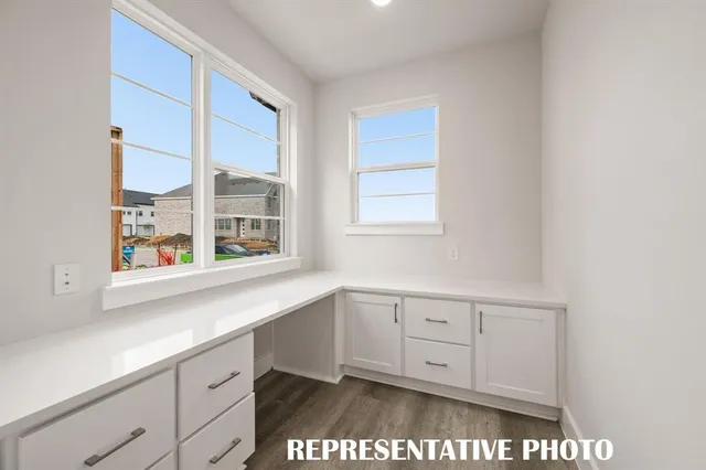 a view of cabinets and window