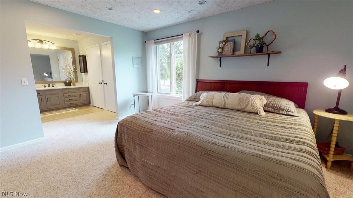 3985 Wiers Road Willard, OH 44890 - Photo 23 of 50 Carpeted sleeping area with a large window and a wall-mounted shelf, featuring an en suite bathroom with a double vanity, large mirror, and dual closet doors