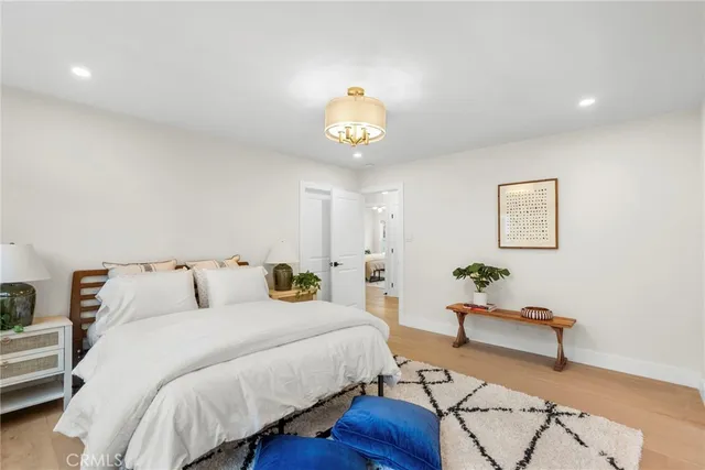 a bedroom with a bed and wooden floor