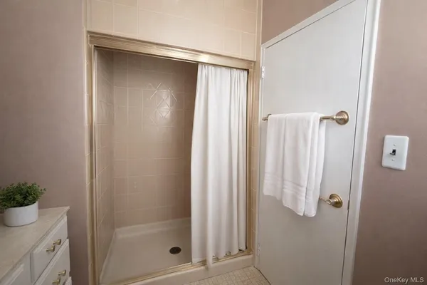 a bathroom with a shower and a sink