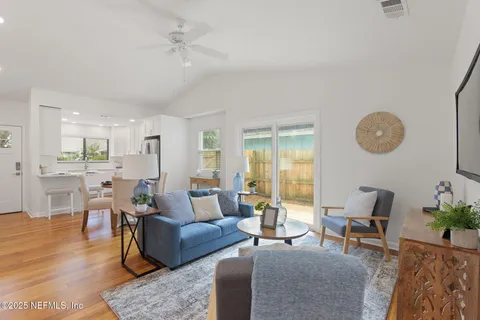 a living room with furniture and wooden floor
