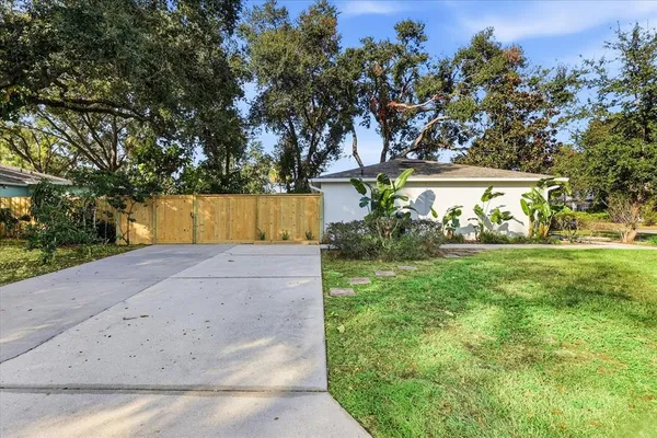 a view of a park with large trees