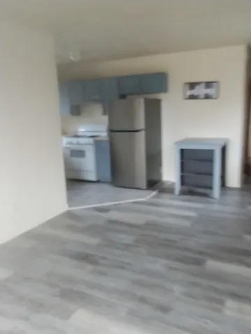 a kitchen with a refrigerator and a sink