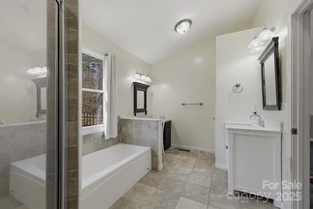 a bathroom with a tub a sink and a mirror