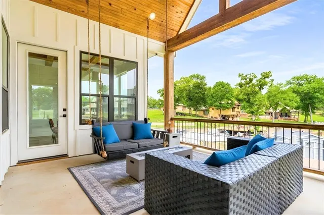 an outdoor space with seating area