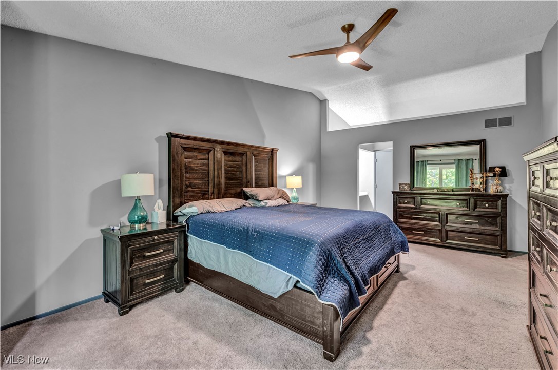 736 Hampton Ridge Drive Akron, OH 44313 - Photo 33 of 43 Bedroom with light colored carpet, a textured ceiling, ceiling fan, and vaulted ceiling