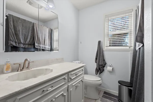 a bathroom with a sink a toilet a mirror and shower curtain