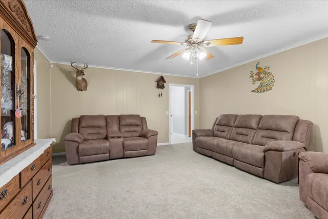 a living room with furniture and a ceiling fan