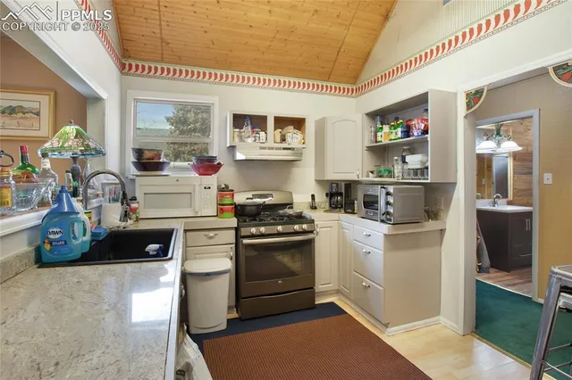 a kitchen with a stove a sink and a refrigerator