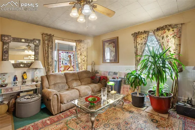 a living room with furniture and a potted plant