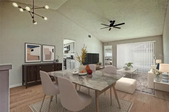 a view of a dining room with furniture