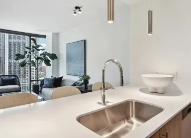 a kitchen with a sink and a potted plant