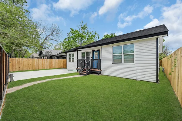 a view of a backyard with plants and a large tree