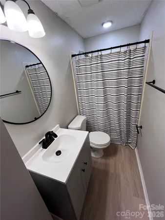 a bathroom with a sink mirror and toilet