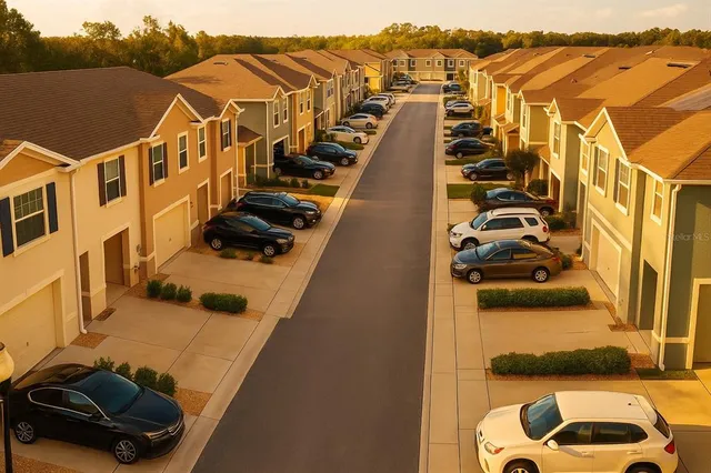 a view of a car park in front of a building