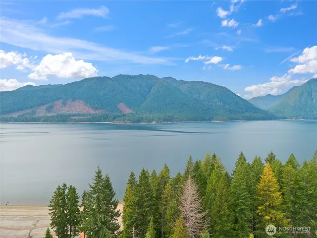 a view of a lake with a mountain in the background