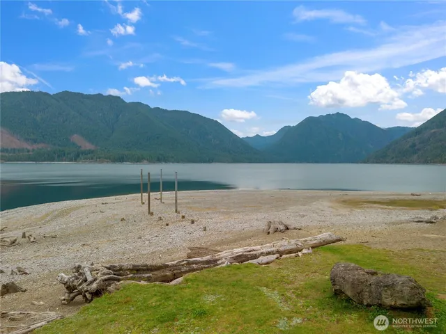 a view of a lake with a mountain