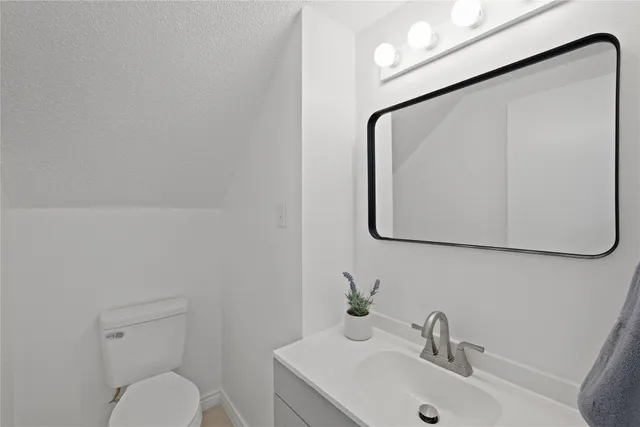 a bathroom with a sink mirror and toilet