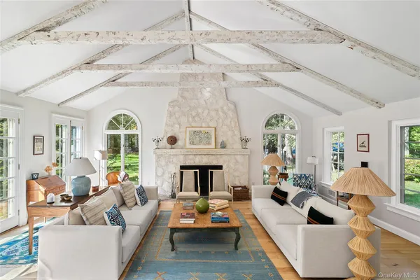 a living room with furniture a chandelier and a fireplace