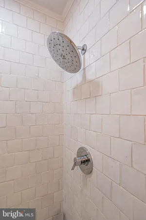 a bathroom with a walk in closet and wooden floor