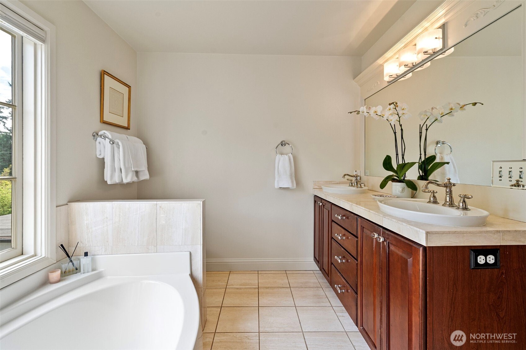 659 Alta Vista Place Fircrest, WA 98466 - Photo 22 of 40 a bathroom with a double vanity sink a mirror and a bathtub