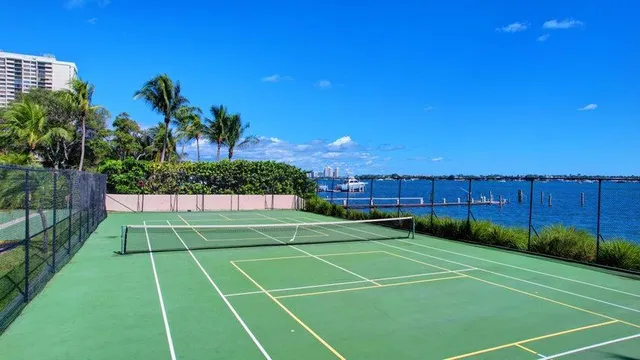 a view of a ocean with boats and trees in the background