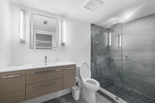 a bathroom with a toilet sink vanity granite and shower