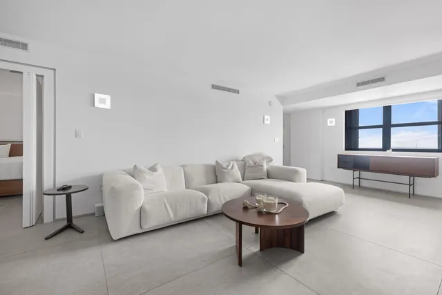 a living room with furniture and a potted plant