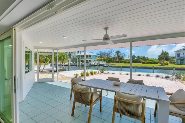 a view of a patio with a table and chairs