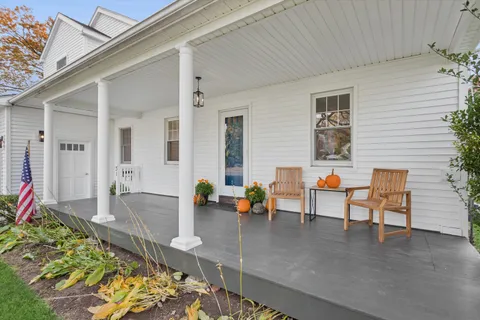 a view of a patio with table and chairs with wooden floor and plants