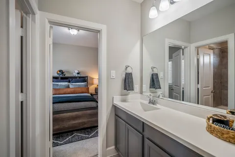 a bathroom with a sink and a mirror
