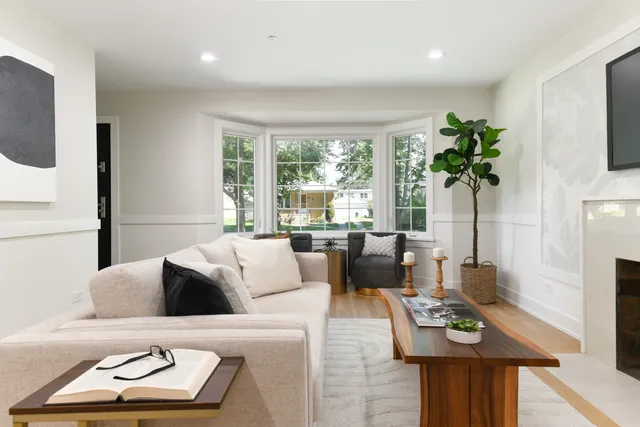 a living room with furniture and a potted plant