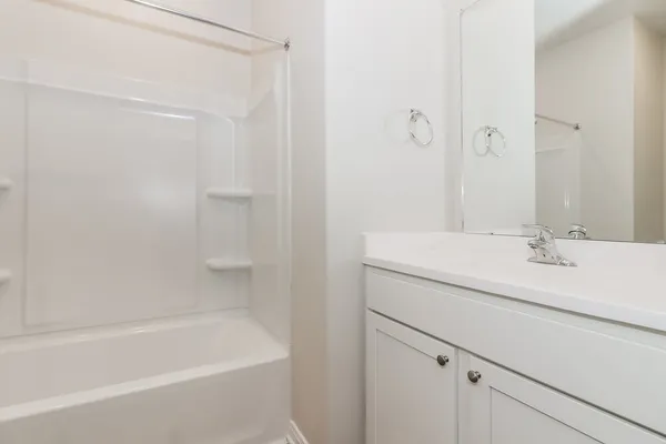 a bathroom with a bathtub sink vanity and mirror